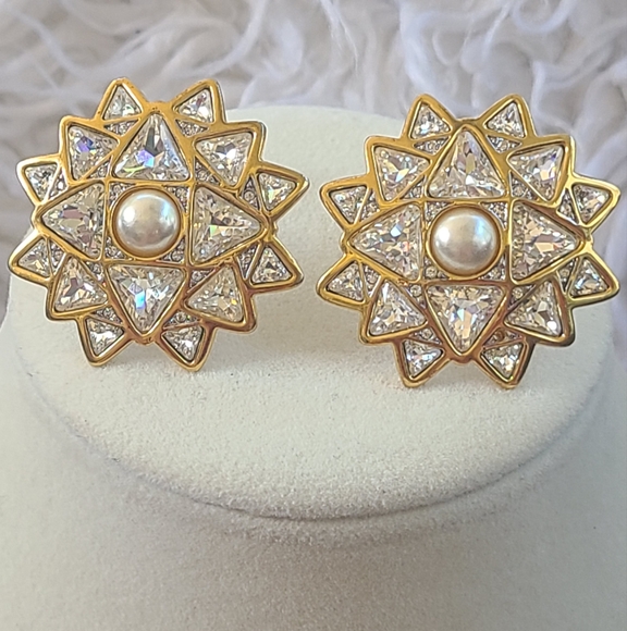Gorgeous Swarovski Clip-on Faux Pearl and Crystal Earrings- Excellent Condition